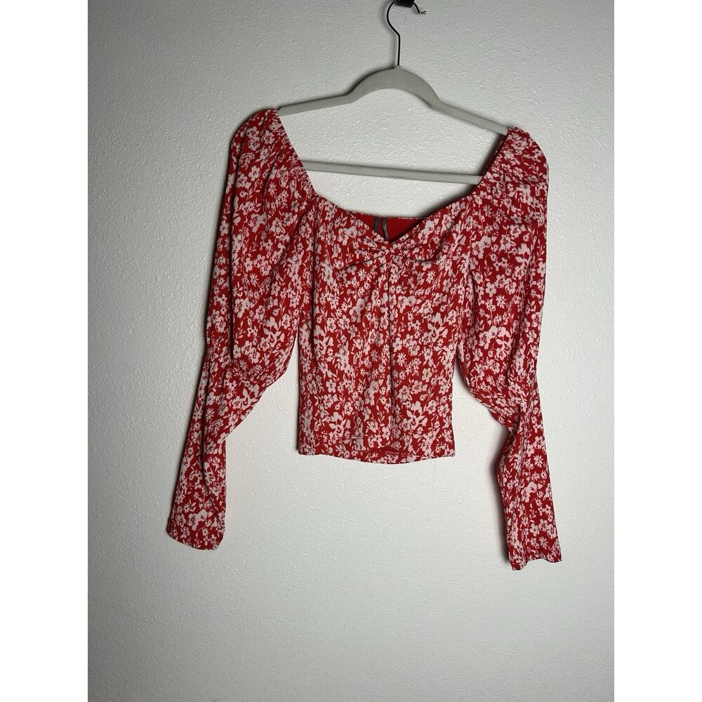 Anthropologie Cottagecore Red Sweetheart Smocked Floral Puff Blouse Size XS